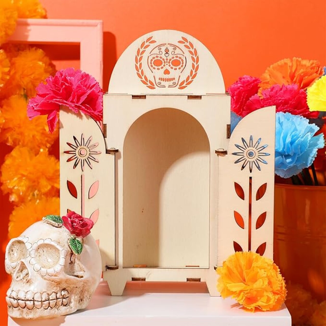 Dia De Los Muertos Ofrenda Shadow Box, Wooden Day of The Dead Shadow Box, Skull Papel Picado Day of The Dead Decorations, Altar Ofrenda Supplies, Remembrance Picture Frame Shadow Box (1 Piece)